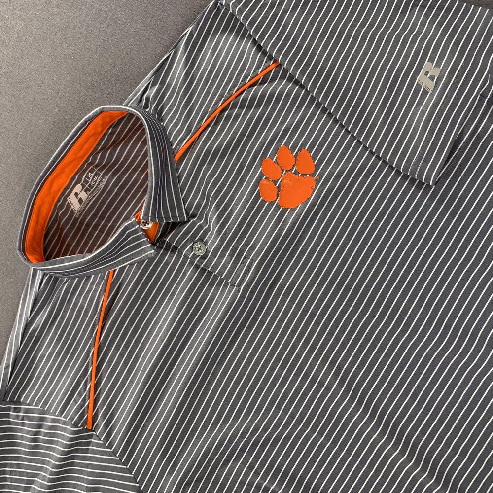 Clemson Tigers Shirt Men L Gray Orange Striped NCAA College Stretch Polo Russell